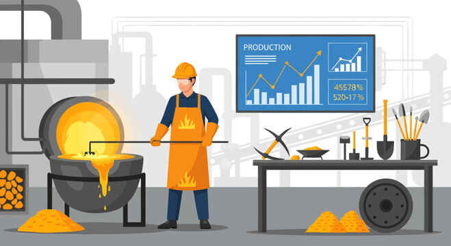 Industrial Worker Operating Molten Metal Furnace Production.