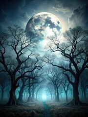 Fototapeta premium Dark forest with twisted tree silhouettes against a full moon light background