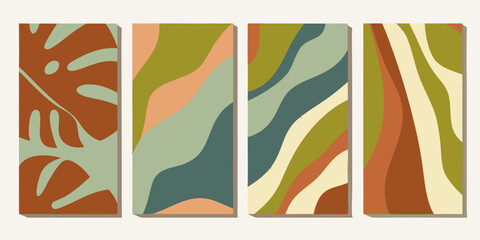 Obraz premium Abstract botanical shapes in warm earth tones arranged as a four panel set