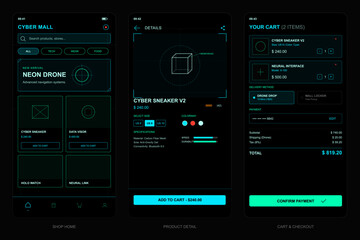 A set of three mobile user interface screens for a futuristic shopping application featuring a dark mode aesthetic with neon teal highlights and minimalist wireframe graphics. © Антон Сальников