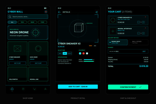 A set of three mobile user interface screens for a futuristic shopping application featuring a dark mode aesthetic with neon teal highlights and minimalist wireframe graphics.