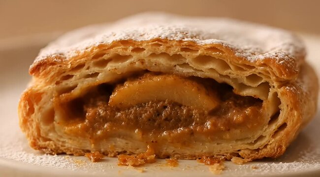 Delicious apple strudel with a flaky pastry crust and powdered sugar