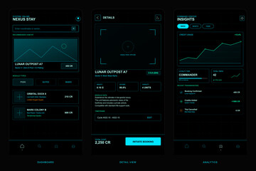 A futuristic mobile application interface design for space travel and lunar habitat booking, featuring a dark theme with neon cyan accents and detailed data visualization screens. © Антон Сальников