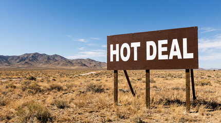A brown roadside sign displaying a "HOT DEAL" message stands in a dry desert landscape with mountains under a clear blue sky