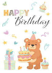 Fototapeta premium Birthday Greeting Card Set with Cute Baby Bear Holding Cake