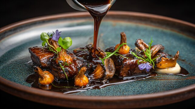 Deep umami variation infused with black garlic paste, darker caramelized tops, moody fine-dining presentation