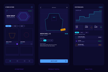 A set of three mobile app user interface designs featuring a futuristic storefront, a product detail page for techwear, and an analytics dashboard with a dark neon aesthetic.