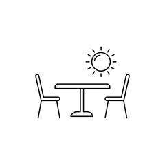 Fototapeta premium Outdoor Dining Table with Chairs Under Bright Sun - Ideal for Cafes, Summer Activities, and Al Fresco Dining