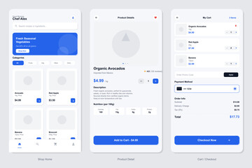 A set of three mobile user interface designs for a grocery store app. It features a product list, detailed item description, and a shopping cart checkout screen. © Антон Сальников