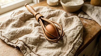 Whisk with egg on rustic kitchen table