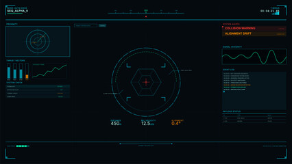 This futuristic digital head-up display shows a spacecraft docking sequence with a central targeting reticle, system alerts, radar data, and real-time flight telemetry on a dark screen. © Антон Сальников