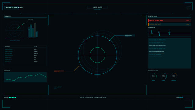 A futuristic digital heads-up display interface showing telemetry data, system logs, and resource allocation charts on a dark background with cyan and orange accents.