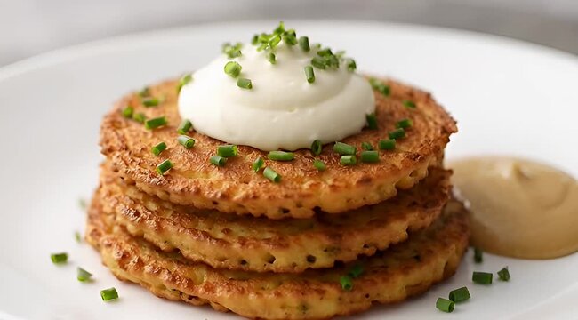 Stack of golden potato latkes with sour cream and chives on a plate