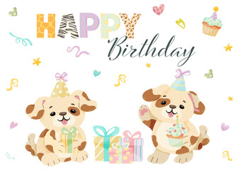 Fototapeta premium Happy Puppy Dog Birthday Cards with Cake and Balloons
