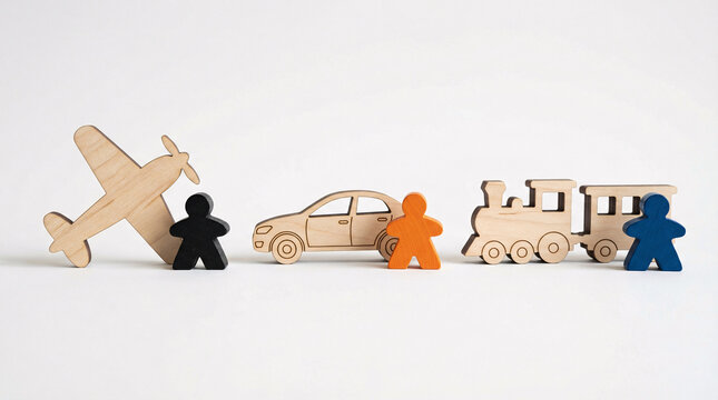 Wooden figures stand beside toy vehicles. They gesture toward transport modes with playful intent