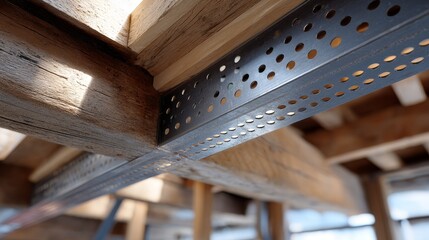 Perforated steel brace attached to rough wooden joists indoors