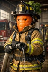 Carrot firefighter holding water hose inside fire station garage heroic surreal scene art