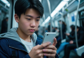 Fototapeta premium Chinese teen using smartphone in metro 