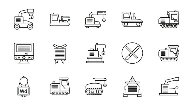 A schematic collection of industrial equipment, vehicles, and construction machinery