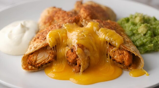 Delicious chicken enchiladas smothered in melted cheese, served with sour cream and guacamole
