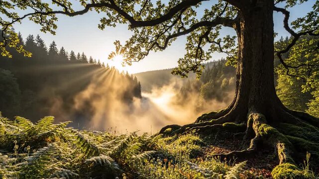 Majestic ancient tree on mossy roots overlooking sunlit misty valley