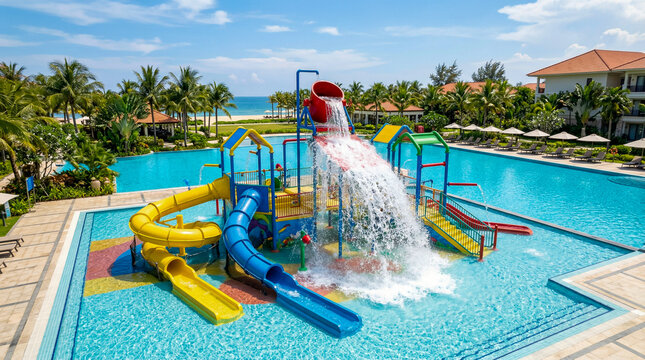 Parque acu&aacute;tico infantil vac&iacute;o en resort tropical con toboganes coloridos y cubo de agua, d&iacute;a soleado y ambiente familiar ideal para vacaciones de verano.