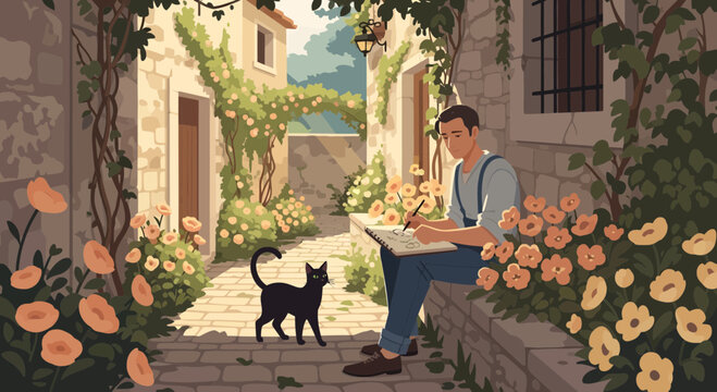 Artist sketching a cat in a charming alleyway.