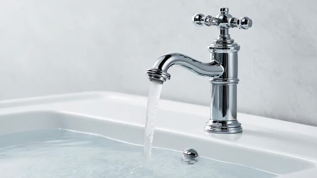 Modern chrome faucet with running water in clean white bathroom sink interior scene