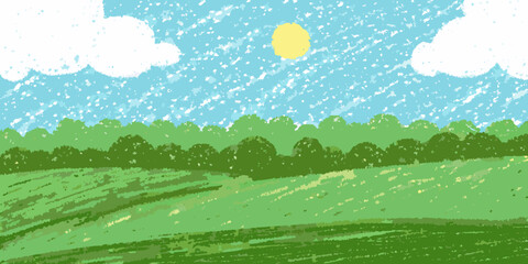 A bright cheerful landscape illustration with green fields and a blue sky