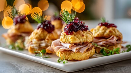 Savory holiday variation, sliced gougeres layered with smoked turkey and cranberry relish, festive winter table setting, soft warm lights in background