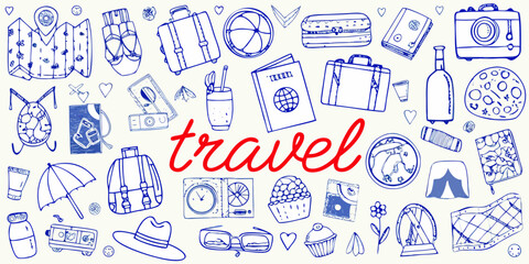 Hand drawn travel themed doodles including luggage accessories and destinations © SreemotiRaba