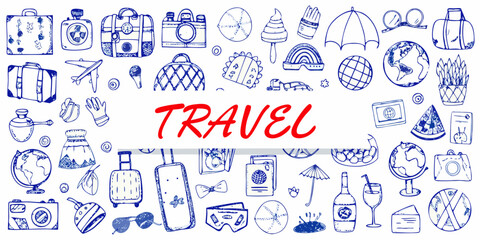 Hand drawn travel themed doodles featuring luggage globes and accessories © SreemotiRaba