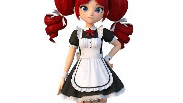 Cute 3D Animated Girl in Maid Outfit with Red Pigtails - White Background
