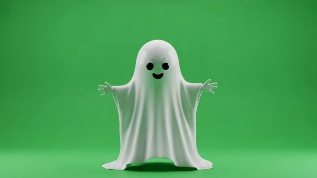 Cute cartoon ghost with glowing heart on green screen background