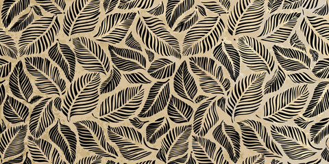 A seamless pattern of stylized black leaves on a beige background © SreemotiRaba