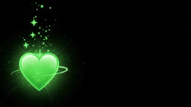 Glowing Green Heart with Sparkles and Stars on Black Background