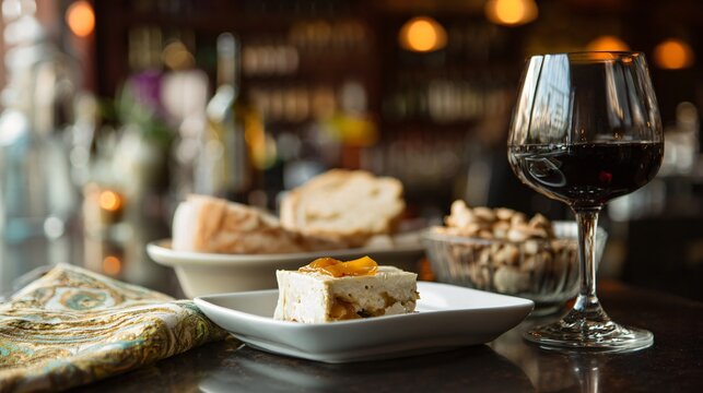 Spanish-inspired pairing, sweet quince layer visible, wine bar atmosphere