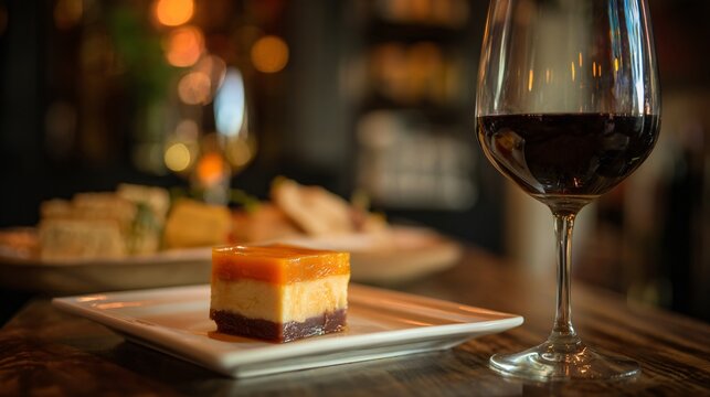 Spanish-inspired pairing, sweet quince layer visible, wine bar atmosphere