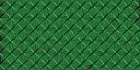 A vibrant repeating pattern of stylized green leaves on a dark background © SreemotiRaba