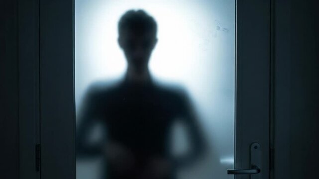 Silhouette of a person behind a frosted glass door, hand raised in a stop gesture