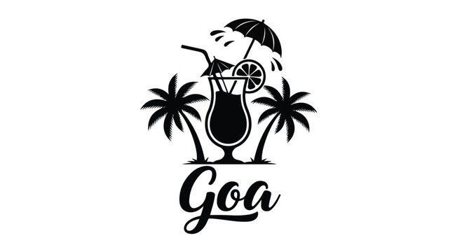 Black and white logo featuring a cocktail glass with umbrella and lime, surrounded by palm trees and the word 'Goa' on a clean white background.