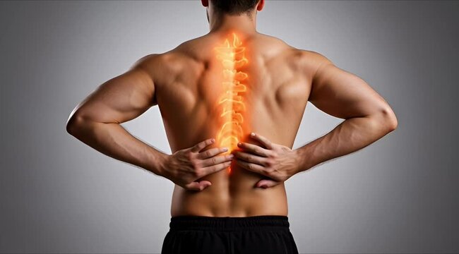Man experiencing back pain while standing with hands on lower back
