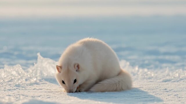 White Ermine Foraging in Snow