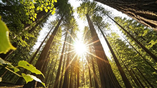Sunlight streams through the canopy of a majestic redwood forest illuminating the towering trees and lush green foliage from below.