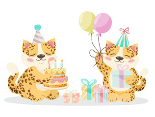 Fototapeta premium Baby Leopard with Birthday Presents and Party Hat