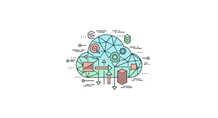 Cloud Computing Illustration Depicting Data Analysis, Network and Information Storage