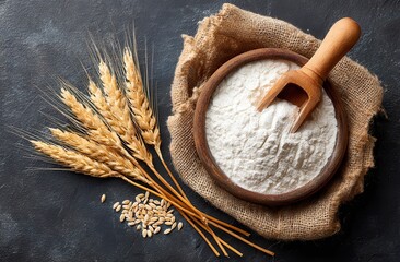 Baking Ingredients And Food Security Flour In Bowl With Wheat Stalks And Grains On Dark Background Representing Food Supply Chain And Rising Food Costs, foodsecurity, inflation