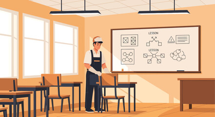 Fototapeta premium A diligent cleaner meticulously tidies a classroom setting.