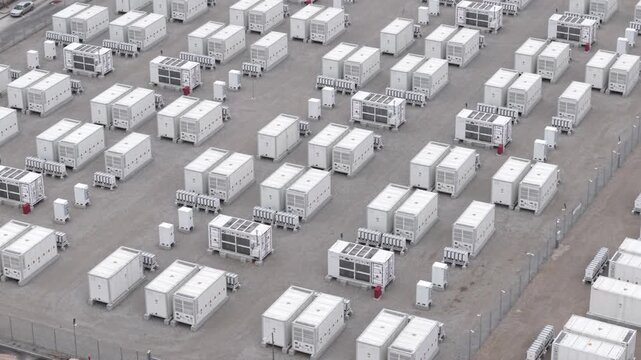 Aerial Perspective Of Energy Storage Installation With Maintenance And Monitoring Activities Underway