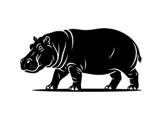 Fototapeta premium A detailed black and white illustration of a hippo standing on land. isolated on transparent background, isolated on white background, Vector